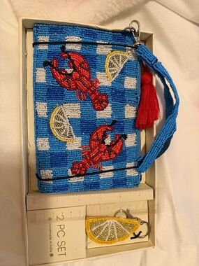 Beaded Lobster/Crawfish Wristlet Clutch in Bright Blue with Red Tassel